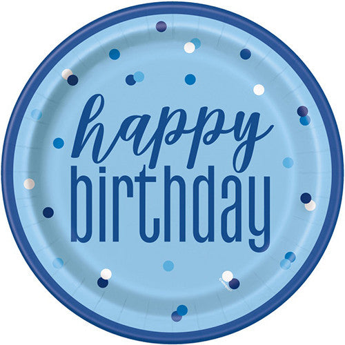 Happy Birthday Glitz Blue & Silver Paper Plates (8)