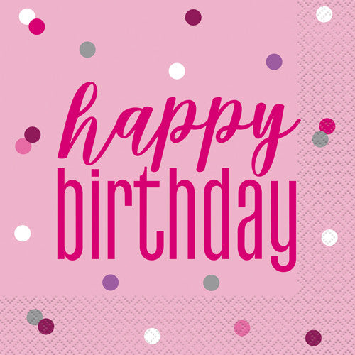 Happy Birthday Glitz Pink & Silver Paper Napkins (16)