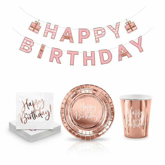 Rose Gold Birthday Party Bundle with banner, napkins, plates and cups